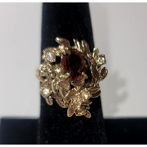 Vintage 18KT HGE Cocktail Ring Brown Oval Cut Glass Stone and Clear Glass Stones - Picture 9 of 11